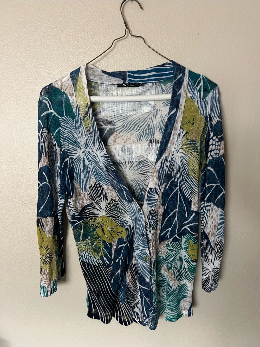 Nic+Zoe Womens leaf print Linen-Blend Cardigan